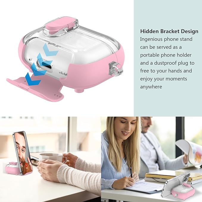 for Airpods Pro 3 Case Clear,Secure Lock for Airpods pro 3rd Generation Case Cover with Phone Stand and Magsafe Function,Auto Pop-up,Hybrid Protection Design with Carabiner&Cleaning Pen-Pink