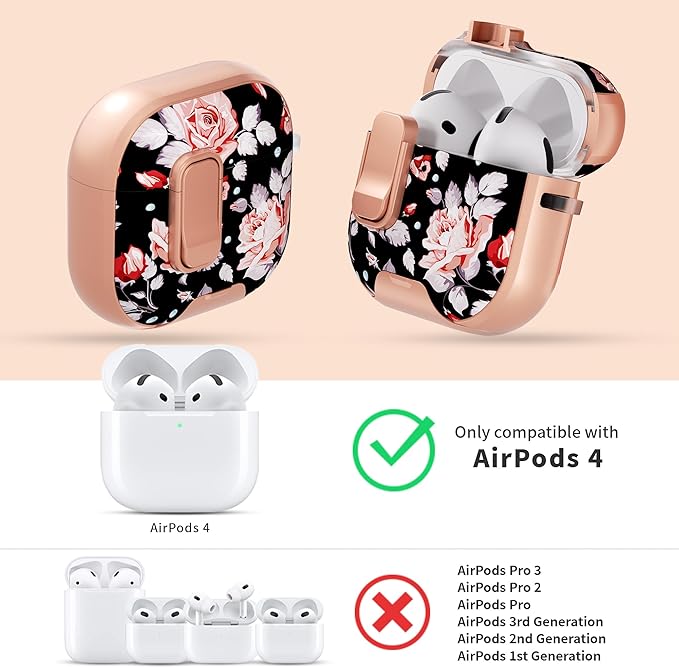 for AirPods 4 Case with Secure Lock Clip in Phone Stand,Floral Girly Style Protective Cover with Cleaning Kit and Hand Strap for Apple AirPod 4 Generation (Rose Petals)