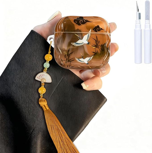 Compatible with AirPods 3 Case Soft with Cleaner Kit Keychain Cute Lucky Elegant Crane Girls Women Cover for Airpods 3rd Generation -Brown