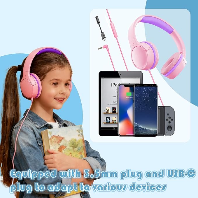 Children's Headphones with Microphone, Foldable 3.5mm Jack, USB-C Jack, Adjustable 85db/94db Volume, Suitable for Mobile Phones,Computers,Tablets,School,Airplanes,Travel (Black)