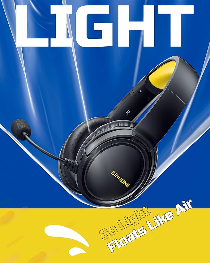 BINNUNE Wireless Gaming Headset — 2.4GHz Low-Latency USB Dongle + Bluetooth, 50mm Drivers 7.1 Surround, Noise-Cancelling Mic, 40H Battery — Over Ear Wireless Headphones for PS5, PC, Laptop, Yellow