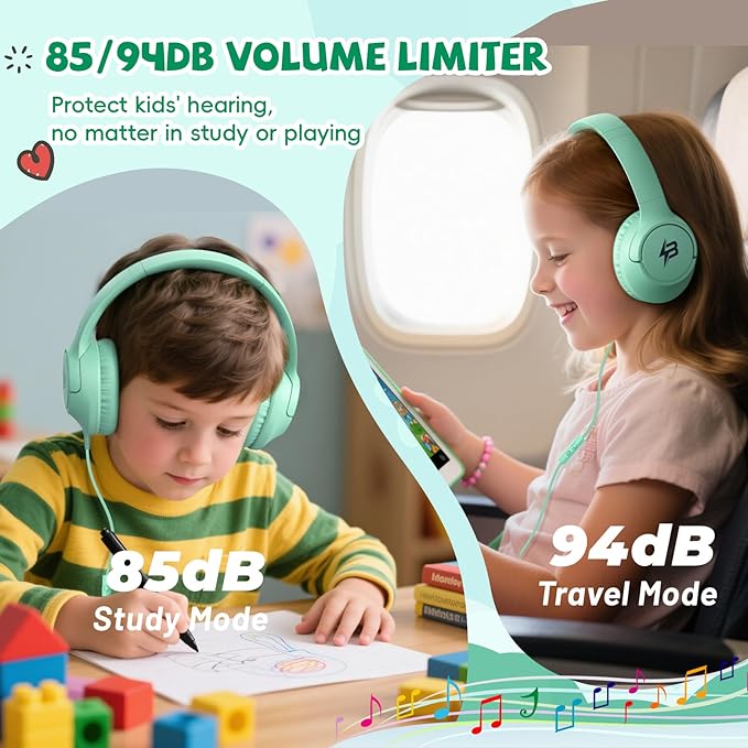 Kids Headphones Wired with Microphone, 85/94dB Volume Limit Headphones for Kids, Foldable 3.5mm Plug in Headphones Corded for Children/Toddler, School/Airplane Travel/Tablet/Kindle/Laptop, Green