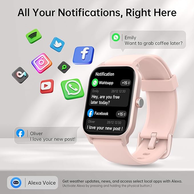Tensky Smart Watch for Women, 1.85'' HD Sport Lady Smartwatch for Android/iPhone/Samsung/(Bluetooth Call), Alexa Built-in, 100+ Sport Modes Fitness Digital Tracker,Sleep/Heart Rate/SpO2 Monitor