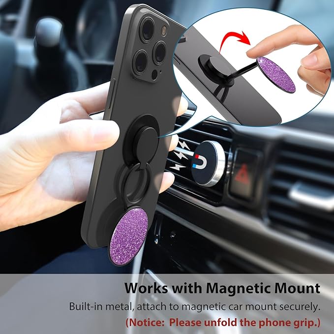 Phone Grip, Phone Ring Holder Finger Kickstand, 360°Rotation & Adjustable Metal Cell Phone Rings Gripper Stand Work with Magnetic Car Mount for iPhone Samsung & Other Phones - Sparkle Purple