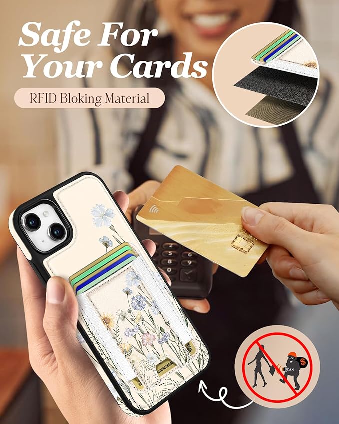 Shorogyt for iPhone 14 Wallet Case - Fits 5 Cards, Compatible with Magsafe Detachable Magnetic Credit Card Holder Leather Cardholder Cute Phone Cover Women Girls for Apple 14, Color Flower