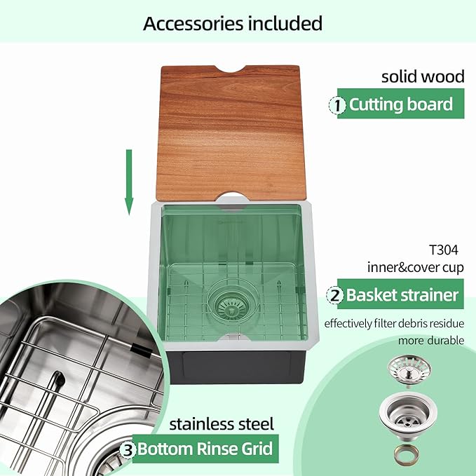 Undermount Kitchen Sink, 15 x 17 x 10 Inch Bar Sink 16 Gauge Stainless Steel Small Sink Kitchen Single Bowl Workstation Sink with Cutting Board