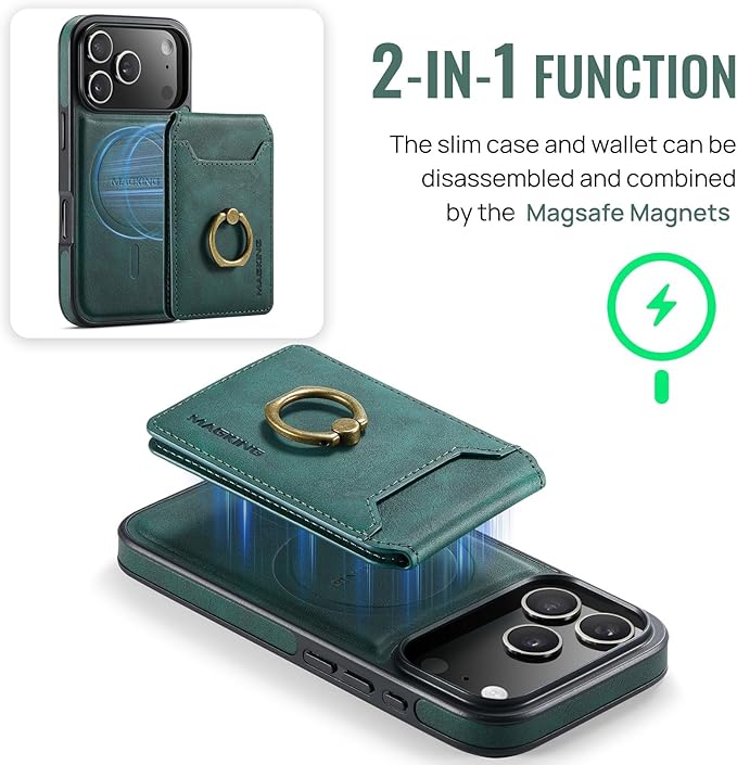 Wallet Case for iPhone 17 Pro, 2 in 1 Strong Magnetic Detachable, Shockproof Phone Case Compatible with MagSafe, Slim Leather Wallet RFID Blocking 5-Card Holder Ring Grip Stand (Green)