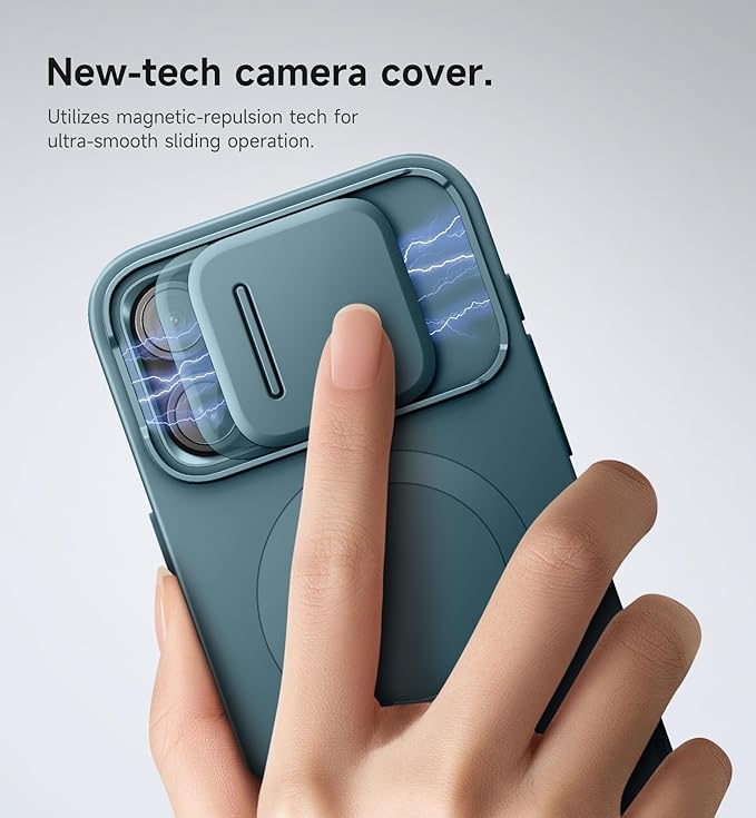 SURITCH for iPhone 15 Pro Max Case with Magnetic Camera Slide Cover and Adjustable Kickstand, Compatible with MagSafe, Shockproof Bumper Case Slim Protective Cover 6.7 Inch, Lake Green
