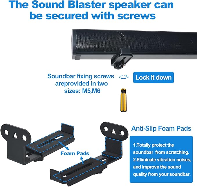 Soundbar Wall Mount,All Metal Sound Bar Mounts Under TV for Sonos,Samsung, Bose, Vizio, LG, Sony, JBL and More,Depth Adjustable 3.7”-6.3”, Hold up to 30 lbs,HD-118,2 Packs,Black