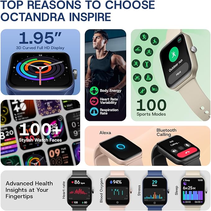 OCTANDRA Inspire VeryFit 1.95" Bluetooth Answer Call Alexa Smart Watch Body Energy Heart Rate HRV Oxygen Saturation Sleep Monitor Step Tracker IP68 Fitness Watches for Men Women (IDW16) (Black)