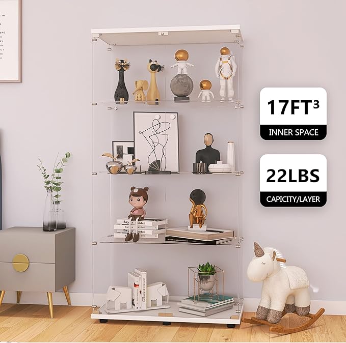 LFT HUIMEI2Y Glass Display Cabinet 4-Shelf with Double Door, Curio Cabinets Fast Installation in 30 Mins, Tempered Glass Floor Standing Bookshelf for Bedroom, Living Room 64.7”x 32”x 14.4” White