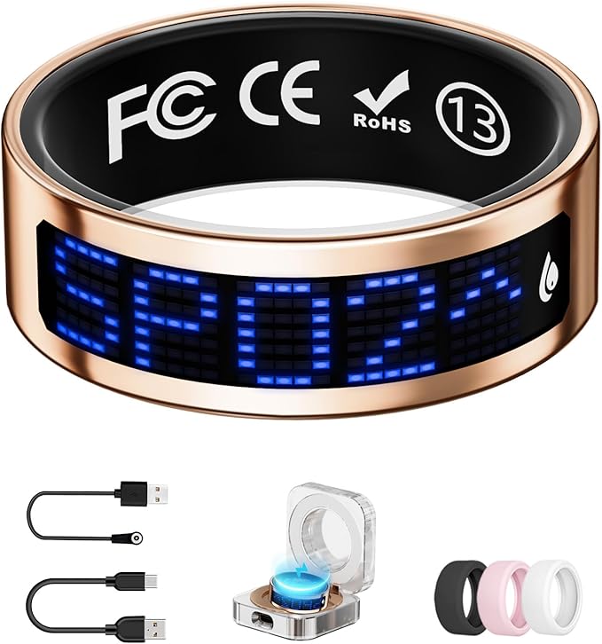 Smart Ring for Women & Men with Display, Health Ring with Heart Rate, Sleep Monitor, IP68 Waterproof Fitness Ring, Fitness Tracker Ring, No APP Fee for iPhone and Android (Rose Gold, 13#)