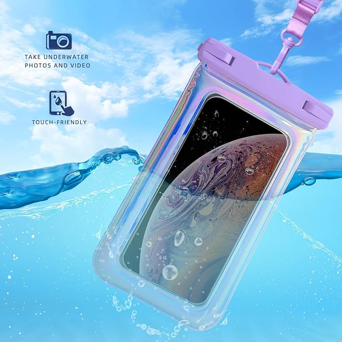 2 Pack Foweroty Floatable Waterproof Phone Pouch Case for iPhone 17 16 Pro Max/15/14/13/12, IP68 Travel Cellphone Dry Bag Beach Cruise Ship Essentials Bags with Crossbody Lanyard, Iridescent Purple-7″