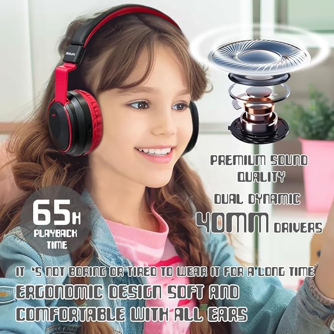 Kids Headphones Bluetooth 5.3 Wireless 60H Play Time Volume Limited 85/110dB Over Ear Foldable Headset with Cable Aux Mic for iPad Notebook Boy Girl Travel School Tablet Black