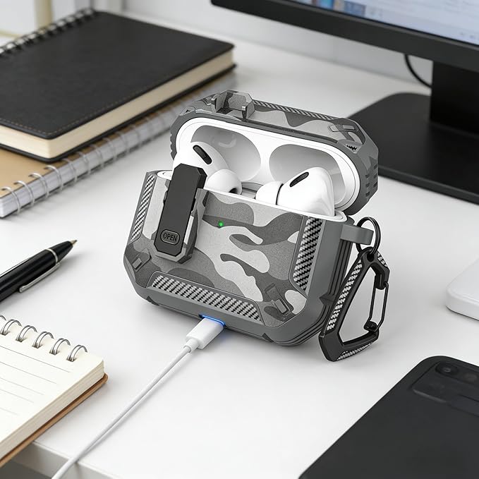 for AirPods Pro 2 Case for AirPods Pro 2nd/1st Generation Case Cover with Lock, AirPods Pro 2 Protective Case with Keychain Compatible with Apple AirPod Pro2 2023 USB C Cable 2022,Gray