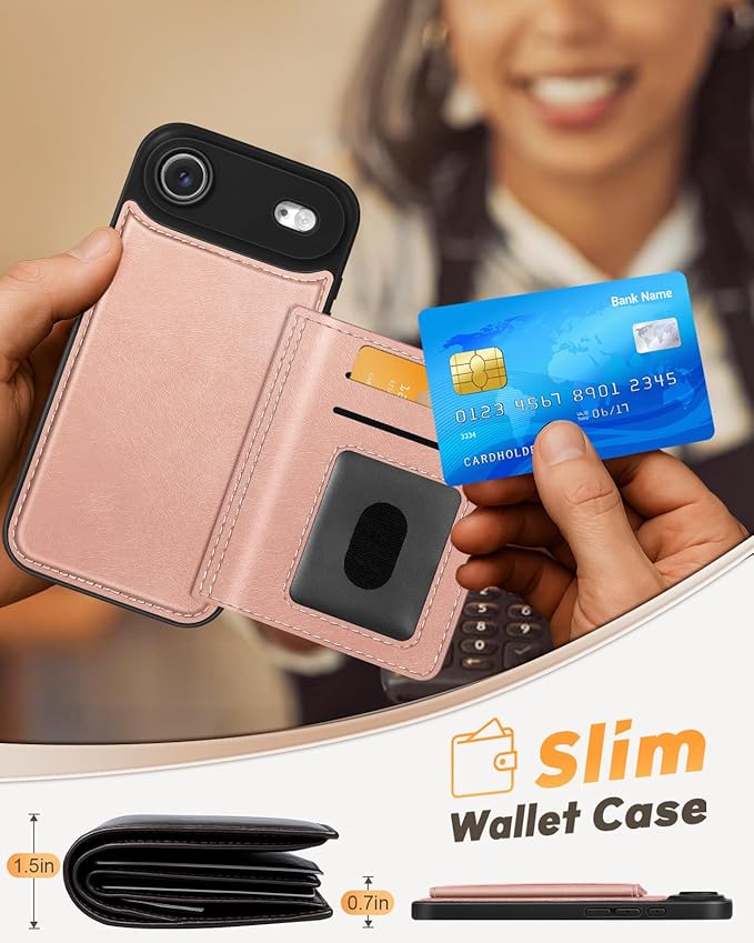 for iPhone 17 Air Case with Wallet - Fits 4 Card Slots, Compatible with MagSafe for Women Aesthetic Durable PU Leather Credit Card Holder Kickstand Phone Cover for Apple 17 Air, Rose Gold
