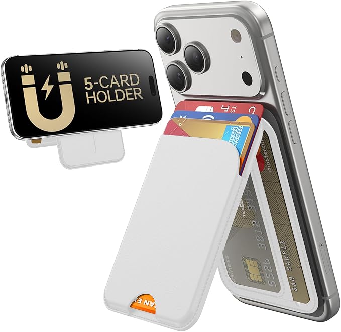 for MagSafe Wallet, 5 Cards Holder with Stand, Magnetic Phone Wallet Stand for iPhone 17/16/15/14/13/12 Pro Max Air Plus Series, RFID Blocking Vegan Leather,White