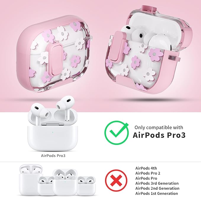 for AirPods Pro 3 Case(2025) with Secure Lock Clip and Phone Stand,Floral Girly Style Protective Cover with Cleaning Kit and Hand Strap for Apple AirPod Pro 3 Generation (Pink Petals)