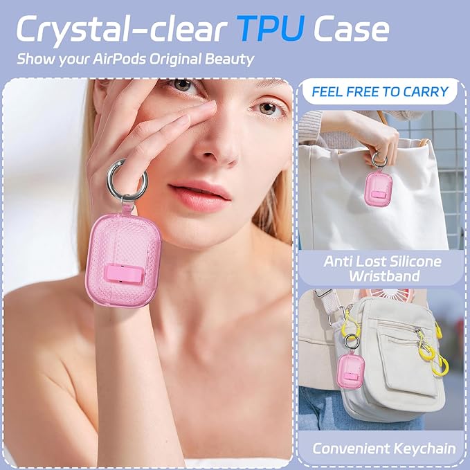 for AirPods Pro 2 Case with Phone Stand & Secure Lock, Auto-Open Clear Cover Compatible with Apple AirPods Pro 2nd/1st Gen (2023,2022,2019) with Cleaning Kit & Keychain (W-Pink)