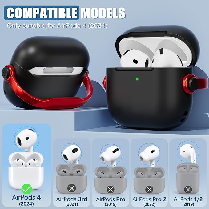for Airpods 4 Case Cover,Compatible with Airpod Case 4th Generation,Have Phone Holder Function with Lock Protective Hard Shell,with Cleaner Kitand Keychain,for Men Woman (Black Red)