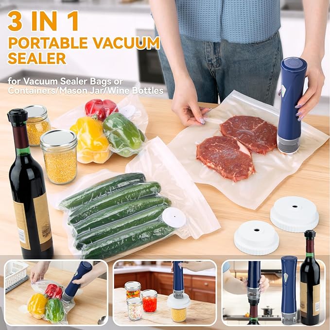 3-in-1 Compact Vacuum Sealer for Food with Bags & Mason Jar Kit, Saver 5X Fresh Longer, 15PCS Reusable Bags, Wide and Regular Mouth Kits, Wine Stopper for Kitchen Fridge Travel Seal Meal