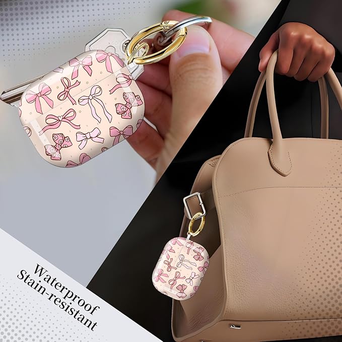 Case for AirPod Pro 3 Shock-Proof Protective Hard Case with Golden Keychain Compatible with Apple Airpods Pro 3rd Generation 2025 (Beige Pink Bow)