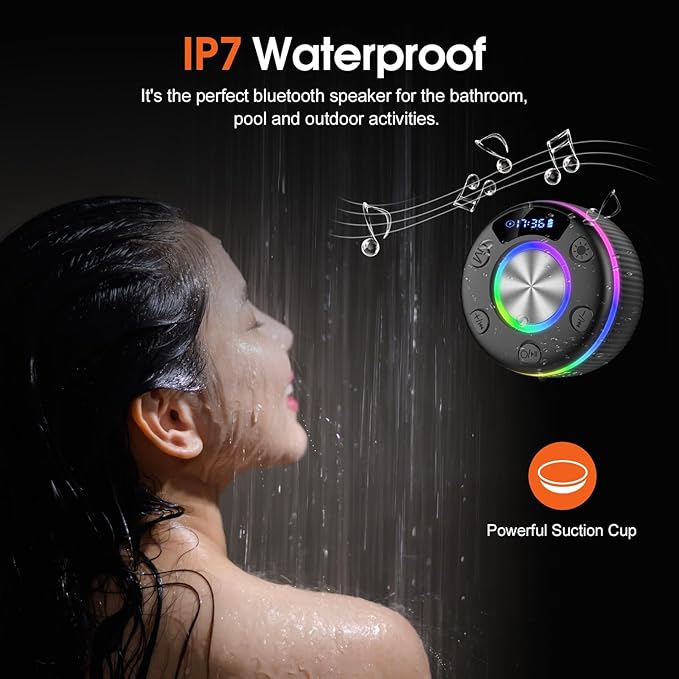 Bluetooth Shower Speaker, IP7 Waterproof Portable Bluetooth 5.3 Speakers with Suction Cup, Mini Wireless Speaker with RGB Lights Time Display, Loud Stereo Sound for Bathroom Beach Travel Outdoor Party