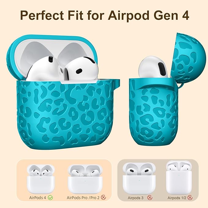 Leopard Engraved for AirPods 4 Case Cover 2024,Soft Silicone Protective Case Compatible with Apple AirPods 4th Generation Case for Women,Cute AirPod 4 Case Accessories with Keychain (Teal)