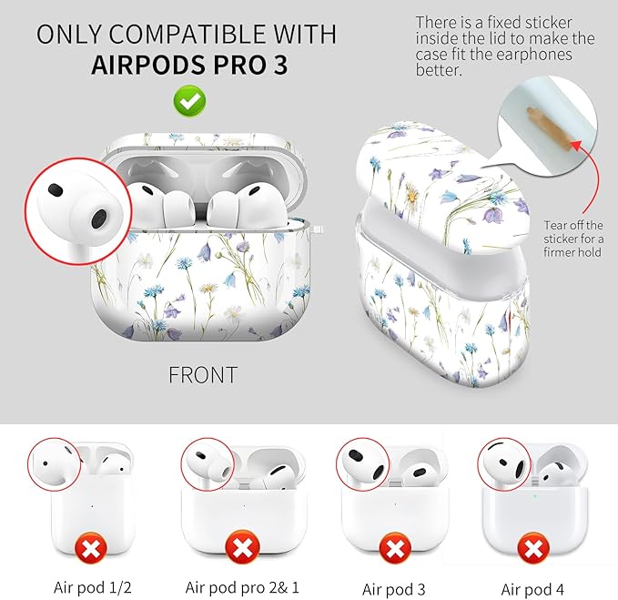 Cute Hard Case Compatible with AirPods Pro 3rd Generation Case (2025), Shockproof Protective Cover with Golden Keychain Ring Clip (Small Purple Flower)