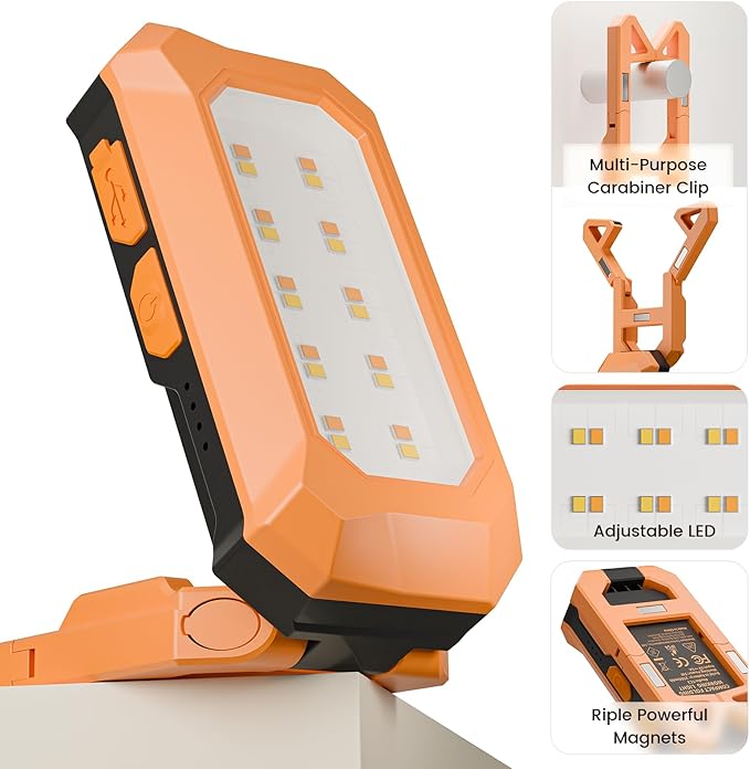 Rechargeable LED Work Light Cordless, 3000K-6500K CCT 500 Lumen, 40Hour Max, Adjustable 180° Stand IP54 Waterproof Compact Portable Job Site Lighting for Auto Repair DIY Outdoor Camping, Gift for Man