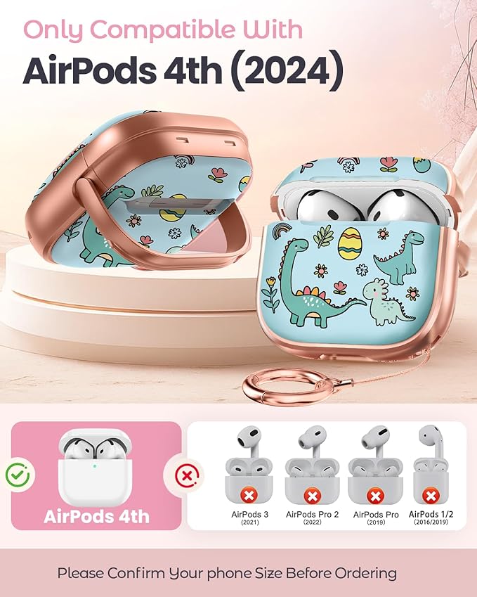 Coralogo for AirPods 4 Case with Safety Lock - Cute Cartoon for Women Girls Fashion Stylish Dinosaur Pattern Design Kawaii Girly Girlish Hard Protective Cover for AirPods 4th Generation 2024
