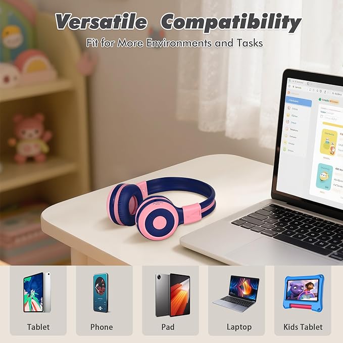 SIMOLIO Wireless Headphones Girls, Bluetooth Foldable Childrens Headphones with Mic and Volume Limited, Over-Ear Stereo Headset for Fire Tablet iPad School Travel Airplane Cellphones, Wired Mode Pink