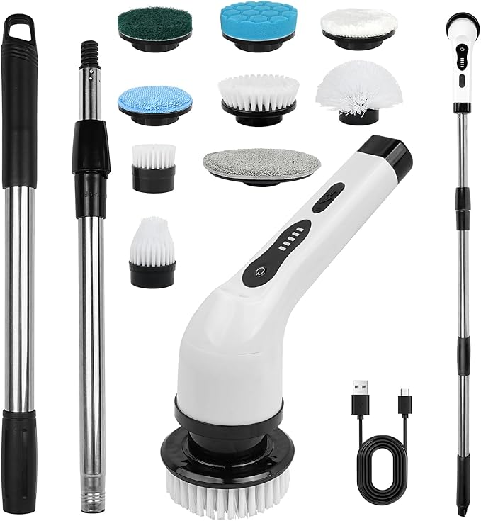 Cordless Electric Spin Scrubber, 360 Rotating Handheld Bathroom Scrubber with 9 Replaceable Cleaning Brush Heads 90Mins Work Time for Cleaning Kitchen,Tile,Tub Floor,Sink,Window,Stove(White)