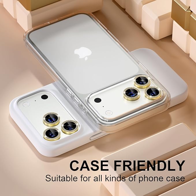 Misea Compatible for iPhone 17 Pro/iPhone 17 Pro Max Camera Lens Protector Bling, 9H Tempered Glass Camera Cover Screen Protector Metal Individual Ring Decoration Accessories, Gold Diamond