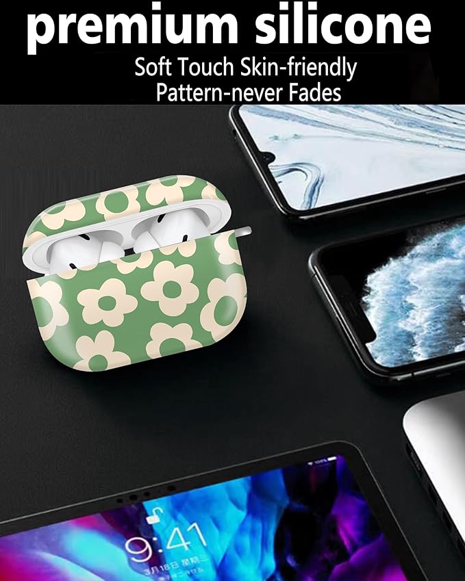 Compatible with Airpod pro 2nd/1st Generation Case Cover with Gold Round Keychain Cute Pattern Hard & Anti Slip Cover for Men Women & Girls(Green Flower)