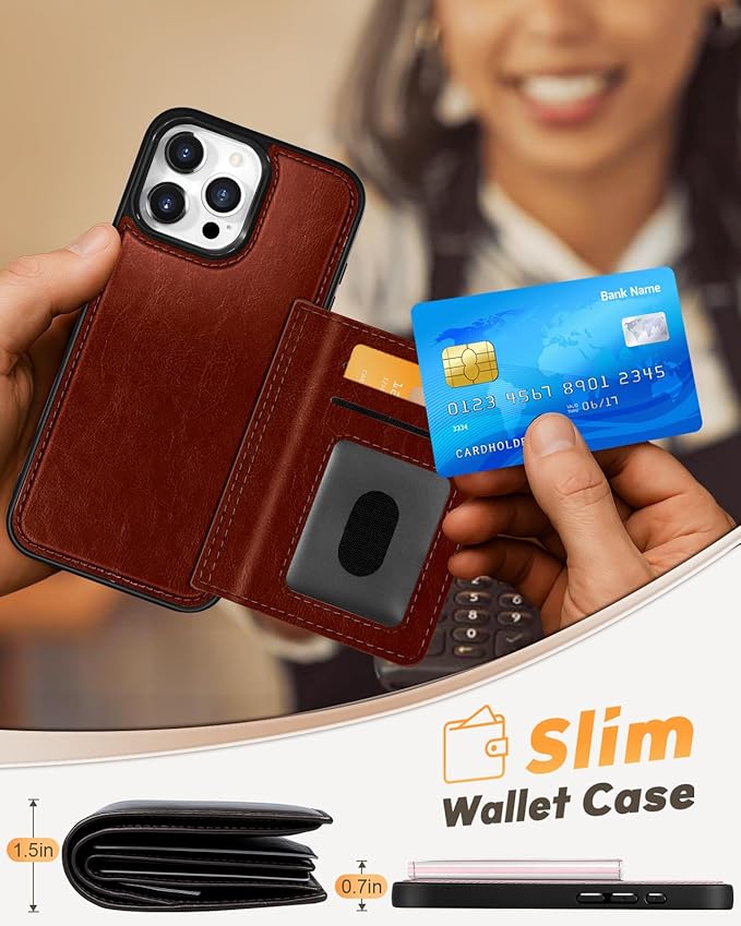 for iPhone 13 Pro Case with Wallet - Fits 4 Card Slots, Compatible with MagSafe for Women Men Durable PU Leather Credit Card Holder Kickstand Phone Cover for Apple 13 Pro, Brown
