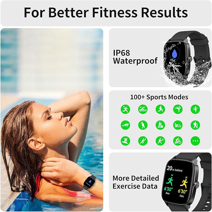 YMZ Smart Watch for Men Women, IP68 Waterproof, Bluetooth Calling, Fitness Tracker, Sleep Monitoring, 1.85'' DIY Dial, AI Built-in, 7 Days Battery, Compatible with Android & iOS