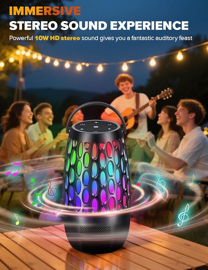 Outdoor Speakers with Flame & RGB Lights, 10W HD Stereo, Bluetooth 5.3 Auto-Pairing, Multi-Sync 100+ Speakers, IPX6 Waterproof, Perfect for Patio, Pool, Party | Gifts for Men & Women (2Pack)