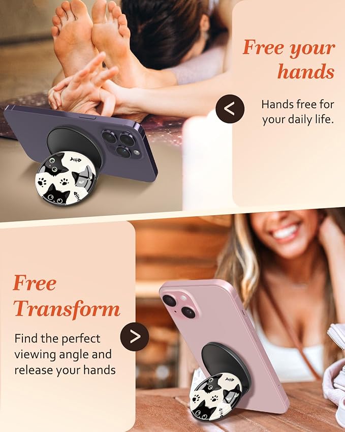 Kidcube Magnetic Phone Grip Compatible with Magsafe - Cell Phone Grip Stand Magnetic Ring Holder Finger Kickstand for iPhone 17 16 15 14 13 12 Series Magnet Removable Accessories Cute Catoon Cat Fish