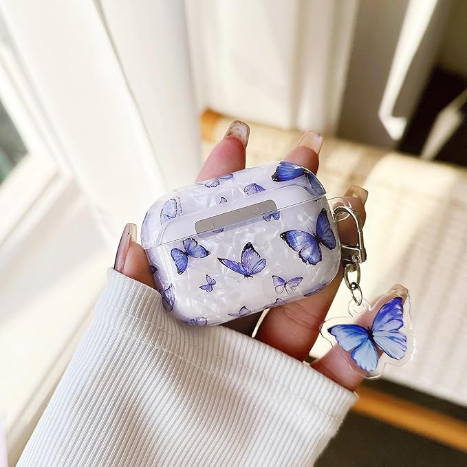 Cute Airpod Pro 2 Case (2022/2023) with Keychain White Marble Hard TPU Protective Cover Compatible with AirPods Pro 2nd Generation Case for Girls Women (Bluish-Purple Butterfly)