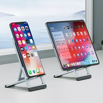 Cell Phone Stand,Aluminum Foldable Phone Holder for Desk,Adjustable Phone Kickstands Travel Essentials for iPhone 17 16 15 14 13 12 11 Pro Max Plus Samsung S25 S24 S23 Ultra Plus-Silver