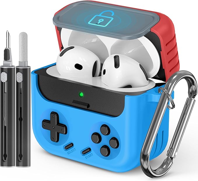 Inesore for Airpods 4 Case with Lock,Compatible with Airpods 4 with Active Noise Cancellation Cases,Classic Cool Funny Game Console Air pods4 Case Cover for Men Boy with Cleaner Kit(Red Blue) | with Locking, 2024, with Cleaner Kit, for Men Boy