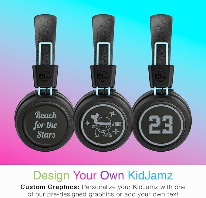 MEE audio KidJamz KJ55BT Personalized Bluetooth Wireless Safe Listening Headphones for Kids w/Custom LED-Backlit Design, Volume Limiter, Microphone; Kids Headset for School/iPhone/iPad/Tablet (Black)