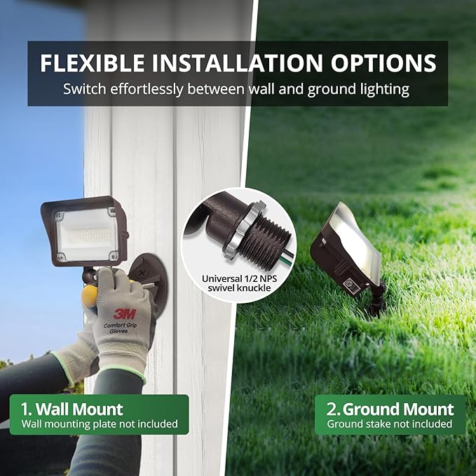 GKOLED 2 Pack 50W LED Flood Lights Outdoor, Dusk to Dawn Security Light, with Anti-Glare Guard, 120V 5000K 5,500LM Waterproof Landscape Lighting, Aluminum, 1/2" Knuckle Mount, UL Listed