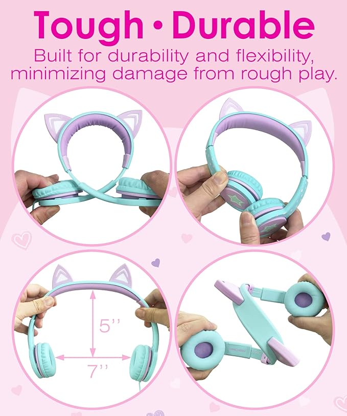 FosPower Kids Headphones with LED Cat Ears (85dB Safe Volume Limit), 3.5mm Soft On-Ear Wired Headphones with Tangle-Free Laced Cables for iPad/Tablet/School/Travel - Teal/Light Purple