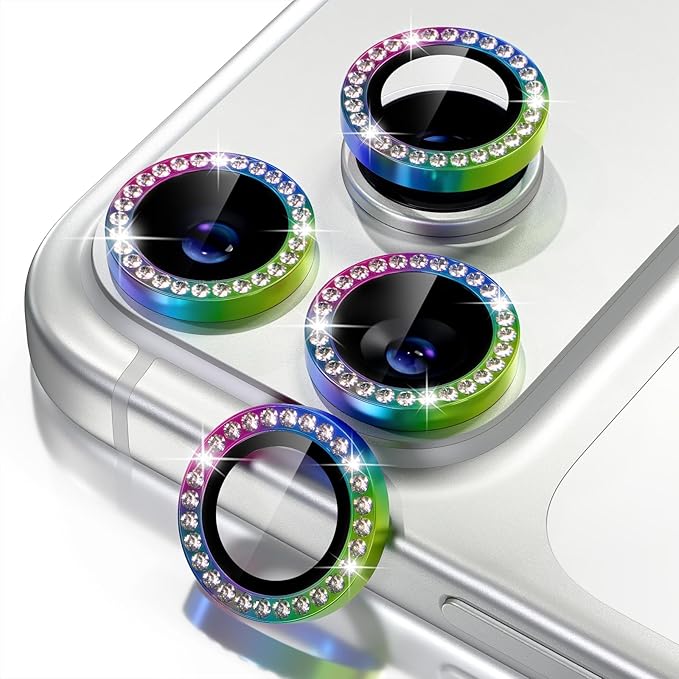 Misea Compatible for iPhone 17 Pro/iPhone 17 Pro Max Camera Lens Protector Bling, 9H Tempered Glass Camera Cover Screen Protector Metal Individual Ring Decoration Accessories, Colorful Diamond