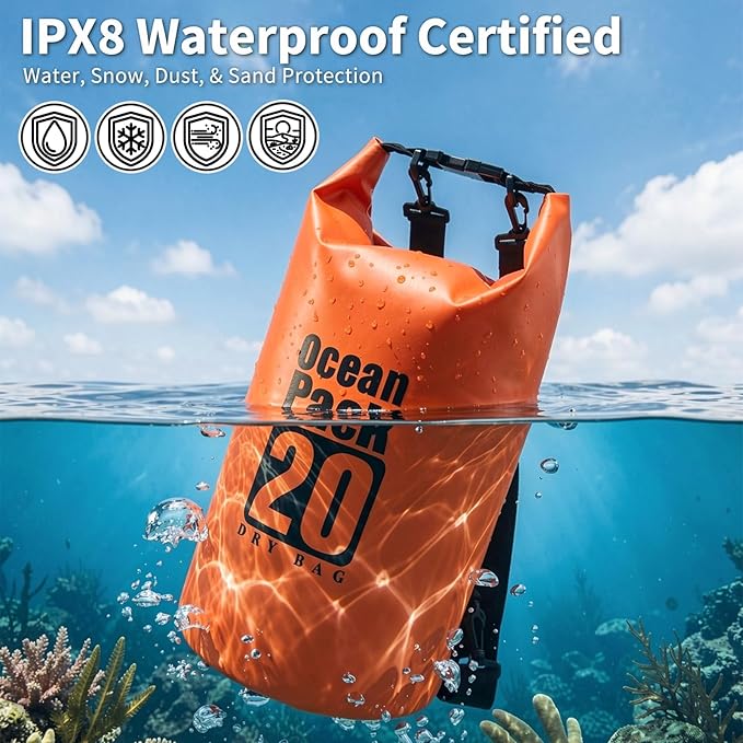 Waterproof Dry Bag, 20L Water Proof Backpack, Roll Top Closure Dry Bag Orange, Heavy Duty Floating Pouch for Kayaking Boating, Durable Hiking Backpack with IPX8 Waterproof Phone Case-Black, 7"