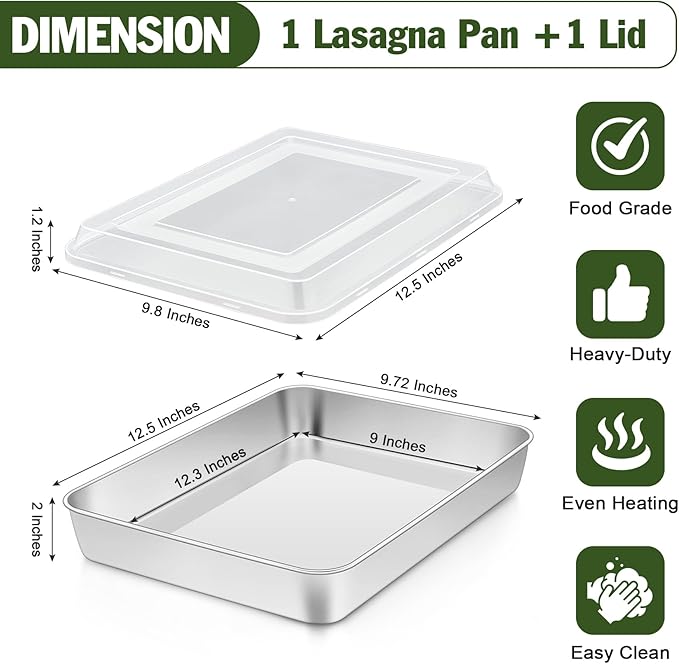 TeamFar Lasagna Pan with Lid, 12.3’’ x 9.75’’ x 2’’, Stainless Steel Rectangular Baking Cake Pan, Heavy Duty & Non-Toxic, Deep & Visible, Brushed Finish & Dishwasher Safe- (1 Pan+1 Lid)