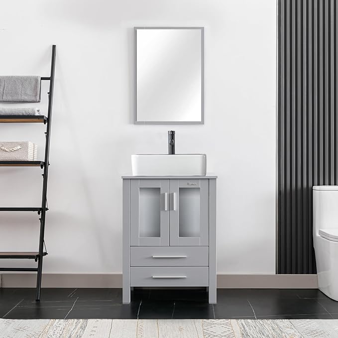 eclife 24" Modern Bathroom Vanity Sink Combo Freestanding Cabinet with Soft Closing Door, White Black Ceramic Vessel Sink, Water Save Faucet, Drain (Gray+T03BK)