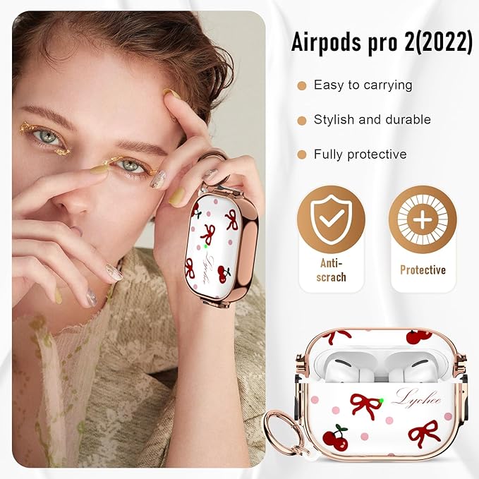 Maxjoy for Cute Airpods Pro 2 case with Safety Lock,Compatible Airpods Pro Case 2nd/1st Gen,Compatible Red Bow Cherry AirPods Case Cover for Women Girly with Keychain-Transparent